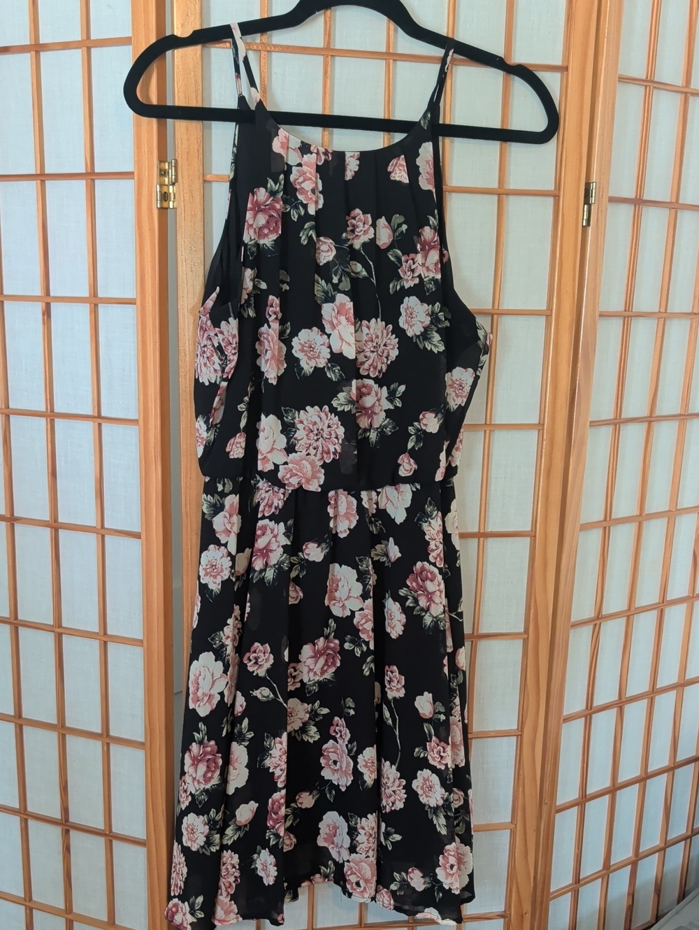 Blue Rain Black Floral Sundress with Pink Blooms
